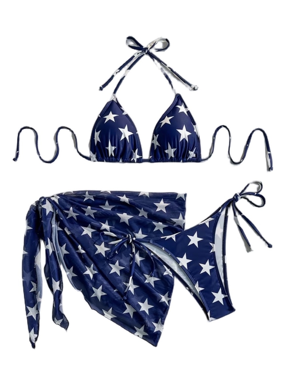 3pc Navy Star Print Halter Side Tie Bikini Set with Sarong